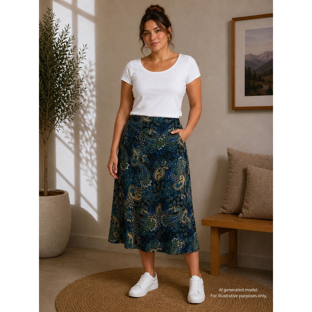 Notations Womens Teal Navy Paisley A-Line Midi Skirt XL New MMOK0004